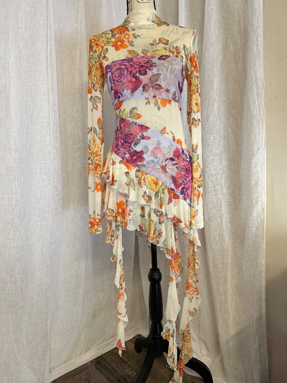 Free People Main Event Maxi Top asymmetrical floral mesh top sheer tunic small